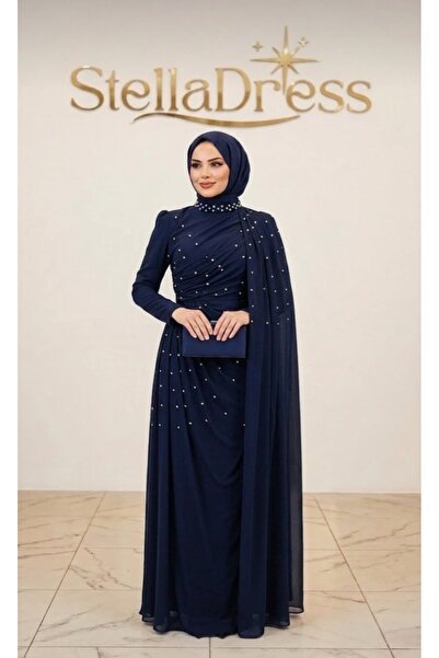 Butik Taş Detaylı Pelerinli Abiye Lacivert