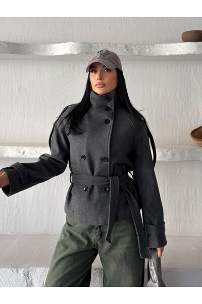 gm giyimarket Women's Zra Model Belted Stand Collar Short Cashmere Coat