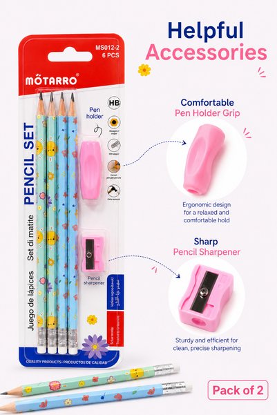 Matarro MOTARRO HB Pencil Set with Eraser, Pencil Grip & Sharpener – Cute Floral School Pencils – 6 Pieces per Set, Pack of 2