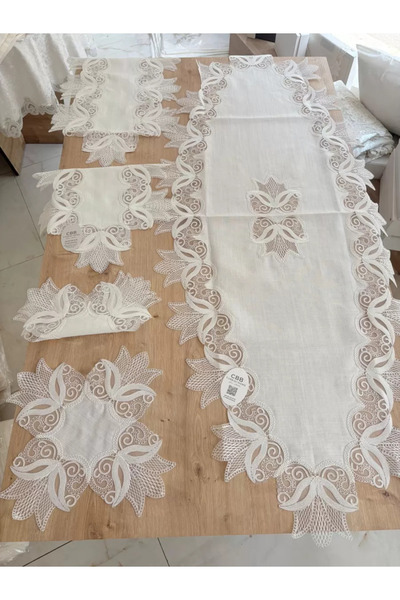 Ceki Home Σετ Σαλονιού Κρεμ Κρεμ Ράνερ 5 τεμαχίων Λινό Ράνερ Τραπεζιού Κονσόλ...