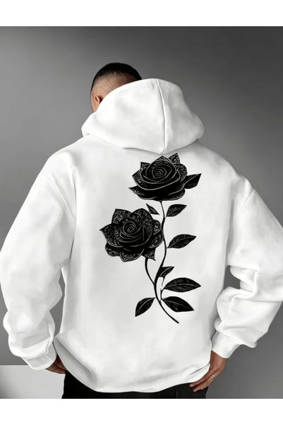 one button Black Rose Printed Premium Oversize 3 Thread Soft Hooded Sweatshir...