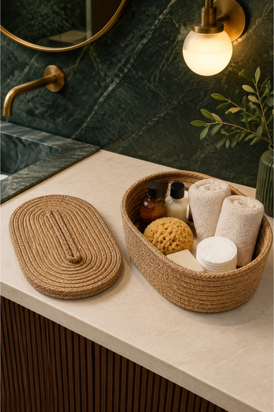 evdeucuz Jute Covered Bathroom Organizer Wicker Multi-Purpose Basket 30X20