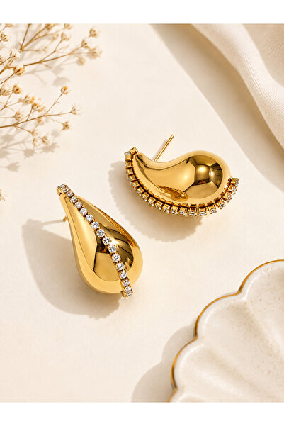 Archhazel Jewelery Gold Stone Detailed Drop Steel Earrings