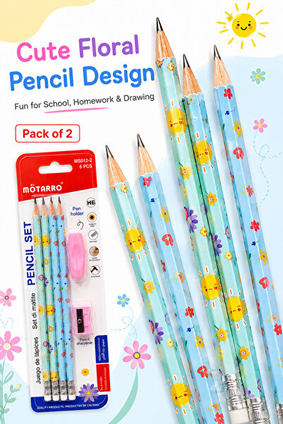 Matarro MOTARRO HB Pencil Set with Eraser, Pencil Grip & Sharpener – Cute Flo...