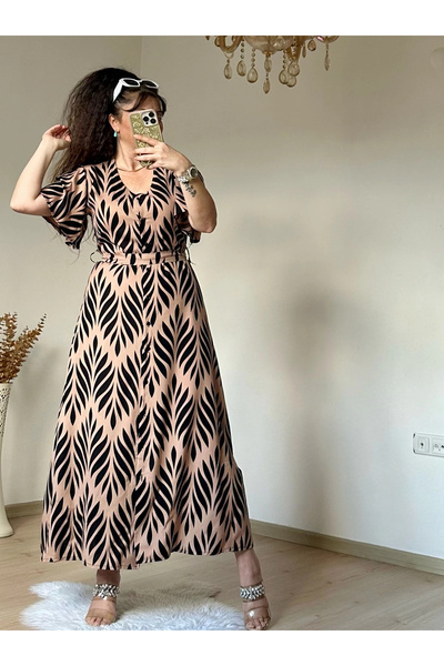 AZRA BUTİK Brown Patterned Dress with Flared Sleeves