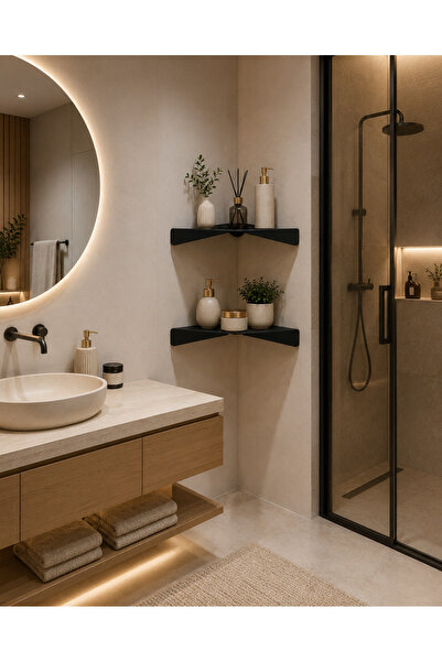 2’li Mat Siyah Köşe Rafı – Paslanmaz Metal Banyo & Mutfak Düzenleyici