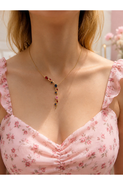 Lilith Takı Colorful Stone Y Necklace Gold Color Elegant Women's Necklace wit...