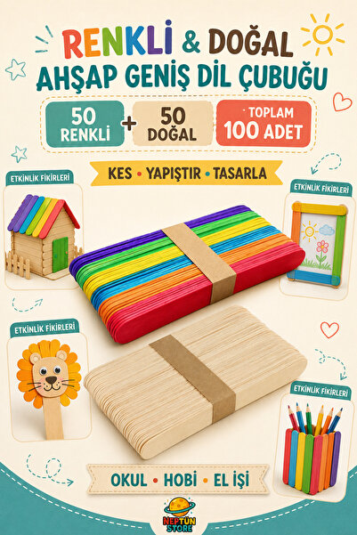 neptünstore Renkli Dil Çubuğu Geniş 50 Adet Naturel Dil Çubuğu Geniş 50 Adet ...