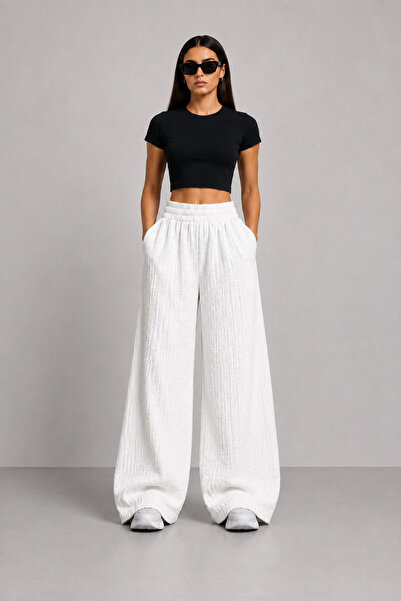 beeton Women's White Wrinkled Fabric High Waist Elastic Wide Leg Palazzo Trou...