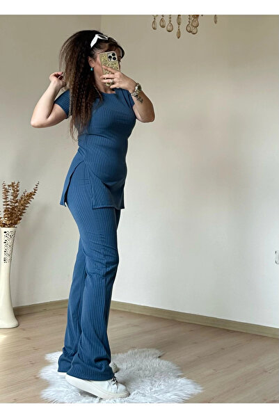 AZRA BUTİK Short Sleeve Side Slit Camisole Set Blue
