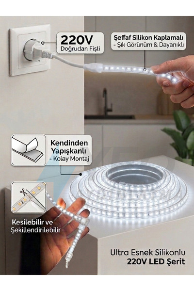 YEO AYDINLATMA 220V Doğrudan Fişli Trafosuz Beyaz Şeffaf Silikonlu Şerit LED ...