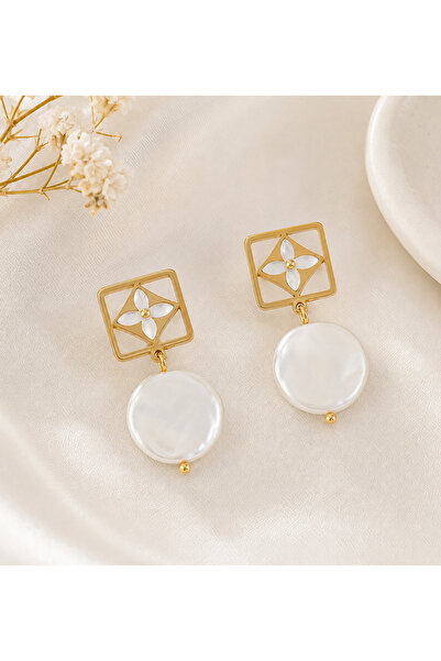 Archhazel Jewelery Gold Flower Detailed Dangle Steel Earrings