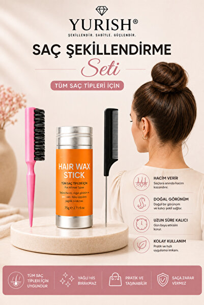 YURISH Profesyonel Topuz Fırçası Renkli Stick Wax ve Metal Uçlu Krepe Tarak Seti 3'lü Set