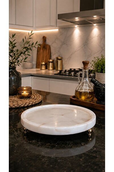 Zeybek Marble صينية تقديم رخامية مستديرة ومنظم أدوات وتقديم طعام رخامي