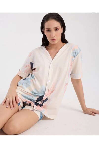 Rasabeauty Women's Short Sleeve Shirt Shorts Pajama Set Flower
