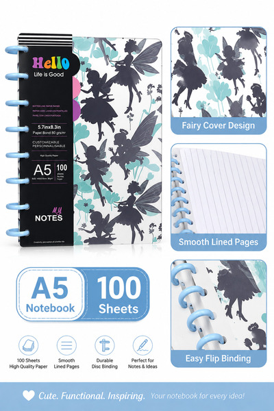 BRANDY DESIGN A5 Fairy Design Disc-Bound Notebook – 100 Sheets, 80gsm Lined P...