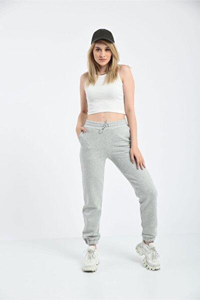 EYAX MODA Women's Organic Cotton Gray Color High Waist Elastic Leg Sweatpants