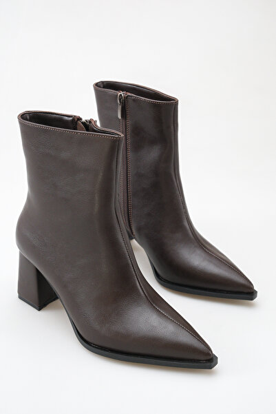 ELEVAM Women's Brown Pointed Toe Zippered Thick Heeled Stylish Ankle Boots