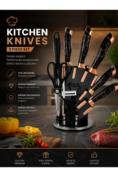 Generic Brand 9 Piece Kitchen Knife Set with Utensils, Rotating Stand, Black ...