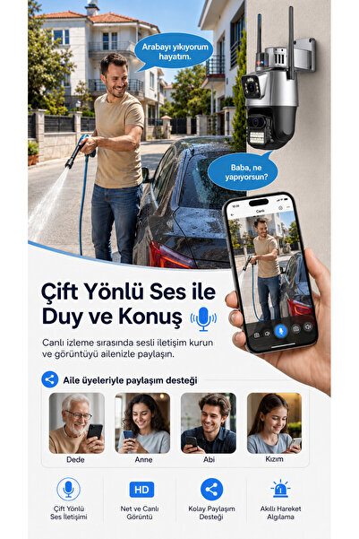 ULTRATEKNO IC-D9 8MP Çift Lens PTZ WiFi IP Güvenlik Kamerası iCSee İnsan Takipli Renkli Gece Görüşlü Sesli Alarmlı