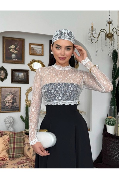 Dilek Vardar Black Top with White Lace Detail High Neck Long Sleeve Evening D...