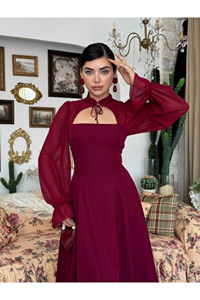Dilek Vardar Burgundy Chiffon Long Dress with Sleeves and Tie-Neck Detail