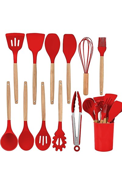 Teno ® 12-Piece Silicone Kitchen Utensil Set, Wooden Handles, Red, Holder Inc...