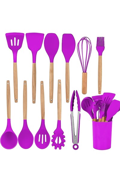 Teno ® 12-Piece Heat-Resistant Silicone Kitchen Utensil Set with Holder, Purple