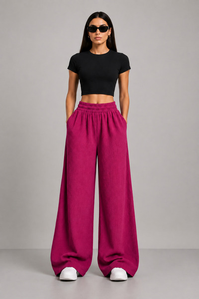 beeton Women's Fuchsia Wrinkled Fabric High Waist Elastic Wide Leg Palazzo Tr...