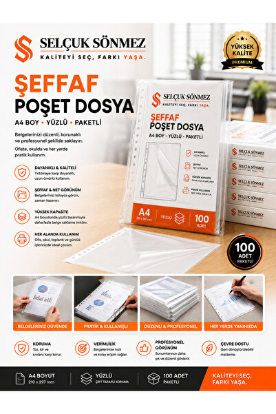 SELÇUK SÖNMEZ Şeffaf Delikli Poşet Dosya A4 - 100'lü Evrak Koruyucu Poşet Dosya
