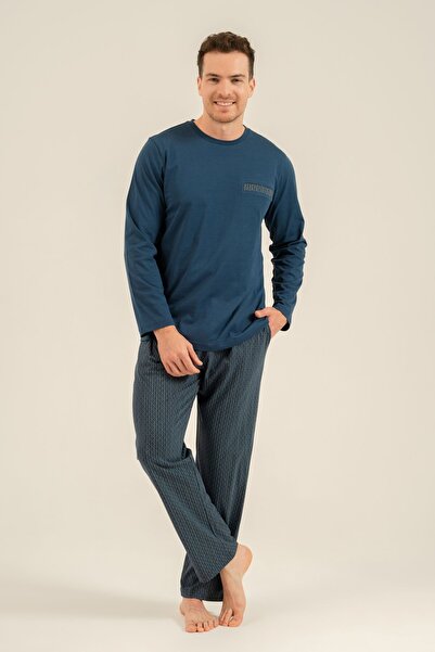 Arnetta Men's Cotton Long Sleeve Pajama Set with Pocket Detail (Socks as a Gift)