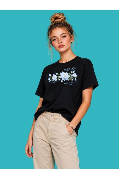 GOB Collection Unisex Soft Lotus Flower Floral Printed Pure Joy Oversize Cotton Black T-Shirt