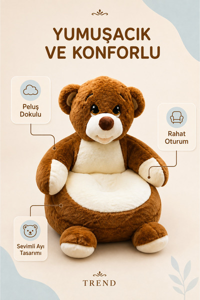 AVDA 50 cm Çocuk Peluş Ayı Koltuk – Yumuşak Oyuncak Oturak, Kahverengi