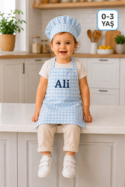 redbuttonkidsstore Kişiye Özel İsimli Kareli Çocuk Mutfak Önlüğü ve Şapka Set...