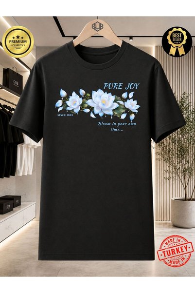 GOB Collection Unisex Soft Lotus Flower Floral Printed Pure Joy Oversize Cotton Black T-Shirt