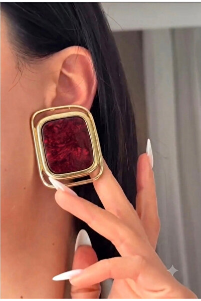Nazellaa Pearlescent Burgundy Enamel Rectangular Earrings with Gold Detail