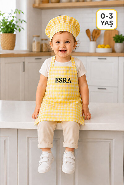 redbuttonkidsstore Kişiye Özel İsimli Kareli Çocuk Mutfak Önlüğü ve Şapka Set...