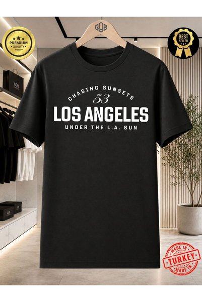 GOB Collection تي شيرت أسود من القطن مطبوع عليه نص Los Angeles Chasing Sunset...