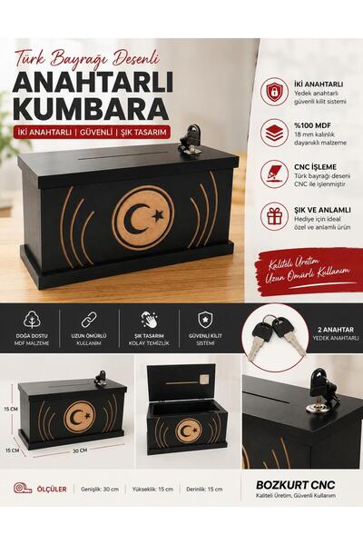 BOZKURT CNC Turkish Flag Patterned Savings Bank with 2 Keys 100% Mdf Cnc Proc...