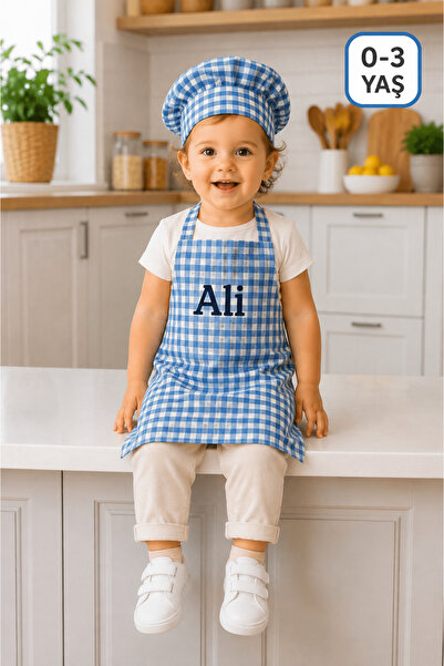 redbuttonkidsstore Kişiye Özel İsimli Kareli Çocuk Mutfak Önlüğü ve Şapka Set...