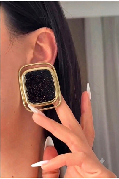 Nazellaa Pearlescent Black Enamel Gold Detailed Rectangular Earrings