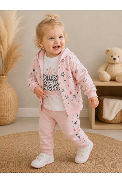 krm kerem bebe Baby Girl Star Patterned Hooded Zippered Jacket 3-Piece Season...