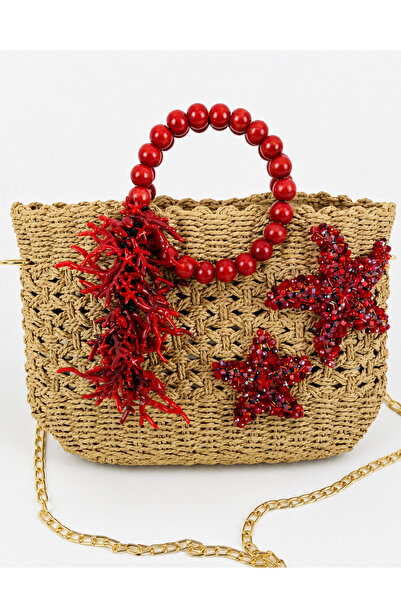Boho Coral Denizyıldızı İşlemeli Hasır Çanta