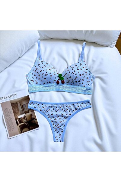 Lady's First Mavi Kirazlı Fileli Telsiz Dolgusuz Sütyen Takımı