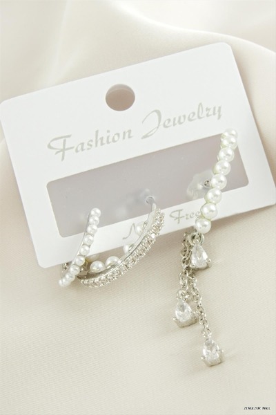 ZERO LAND Zngzrmll 3Pcs Pearl Zircon Stone Earrings (31401) Silver Color