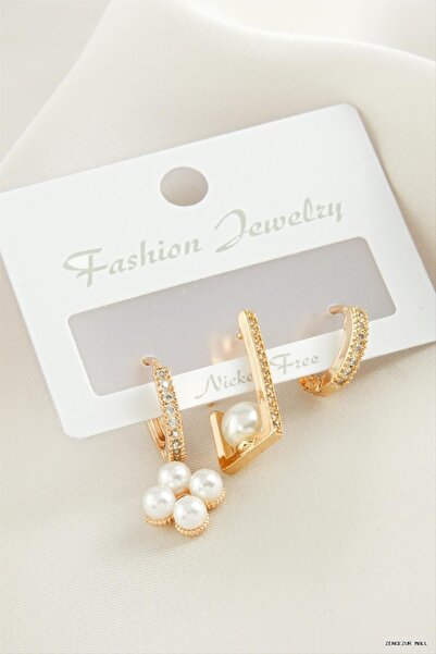 ZERO LAND Zngzrmll 3Pcs Flower Pearl Zircon Stone (31419) Earrings Yellow