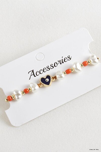 ZERO LAND Zngzrmll Heart Beads Pearl Macrame Rope (25633) Bracelet Orange