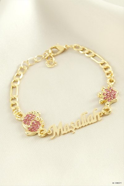 ZERO LAND CONCEPTA Footprint Bracelet with "Mashallah" Inscription and Stones...