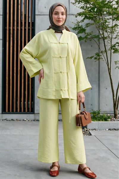 Modamorfo Loose Ayrobin Suit with Stone Buttons on the Front and Wide Sleeves...