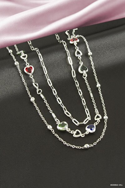 ZERO LAND Zngzrmll Heart Crystal Stone Triple Necklace (53039) Silver Color